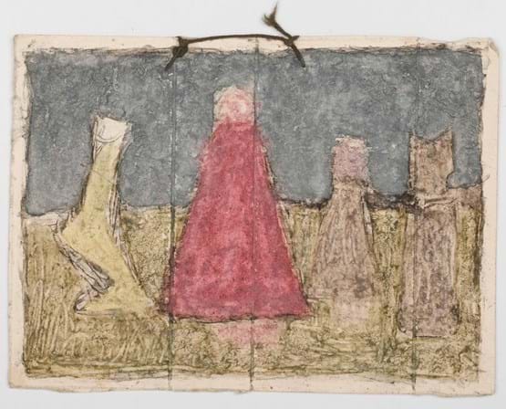 Four abstract, faceless figures standing outdoors against a textured blue-gray sky and greenish-brown ground. The central figure wears a bright red triangular shape suggesting a cloak or dress, flanked by figures in muted yellow, brown, and gray tones. The surface shows creases, rough paper texture, and visible stitching or string at the top.
